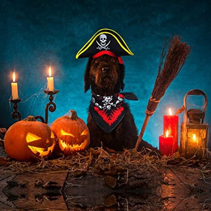 2 Pieces Skull Print Pet Pirate Hat with Pirate Skull Bandana Dog Cat Captain Cap Halloween Pirate Cosplay Costume Halloween Party Hat Dress Up Costume Accessories (C) One Size - Image 6