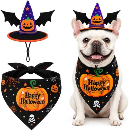 2 Pcs Halloween Pet Hat Bandana Set, Witch Pumpkin Costumes for Dogs by EBaokuup
