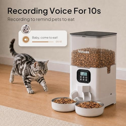 VOLUAS Automatic Cat Feeder for Two Cats with Dual Stainless Bowls, 6L