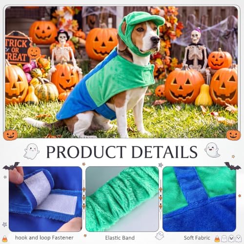 Newcotte Dog Halloween Costume Set Funny Green Overalls Outfit with Hat Retro Buddy Themed Dog Clothes for Cosplay Party(Large) - Image 2