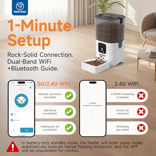 PAPIFEED Automatic Cat Feeder with App, 5G WiFi Auto Cat Feeder, 6L Slow-Feed Cat Food Dispenser for Dry Food, Dual Power Supply Timed Pet Feeder for Small Dog, 10 Meals/Day, 12 Portions/Meal, White