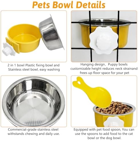 Hamiledyi Crate Dog Bowl Cat - Removable Stainless Steel Hanging No Spill Pet Bowl for Kennels Durable Detachable Design Fits Small Medium Dog Cages (2 Pcs, Yellow
