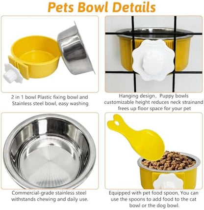 Hamiledyi Crate Dog Bowl Cat - Removable Stainless Steel Hanging No Spill Pet Bowl for Kennels Durable Detachable Design Fits Small Medium Dog Cages (2 Pcs, Yellow