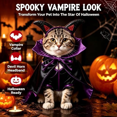 Halloween Pet Devil Costume Set for Dogs & Cats, Vampire Cape with Devil Horn Headband, Adjustable Pet Halloween Costume for Halloween Party, Photo Props (Black & Purple M) - Image 4