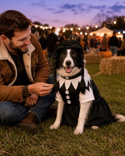 Dog Halloween Costume with Braided Wig, Spooky Black and White Collar Dress for Medium Large Dogs, Creepy Doll Pet Cosplay Outfit, Gothic Party Apparel - Image 5