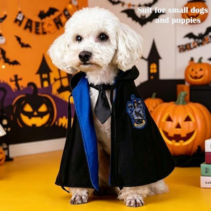 Dog Halloween Magician Costume Set, Cat Wizard Cloak with Hood, Tie & Glasses, Pet Cosplay Outfit for Halloween Party, Puppy Witch Costume for Small Dogs (Blue, Small) - Image 2