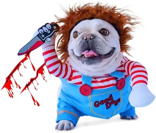 Pet Deadly Doll Dog Costume, Novelty Halloween Christmas Costumes Funny Dog Cosplay Outfits Cute Clothes for Small Medium Large Dogs Cats Party Dress Up Cool Puppy Costumes Scary Spooky Apparel Blue by CAISANG