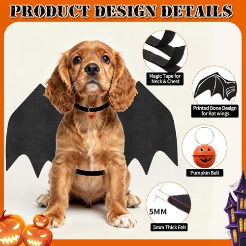 Olanrun Dog Halloween Costumes, Adjustable Dog Bat Wings Costumes for Medium Dogs with Pumpkin Bell Skeleton Print On The Back, Pet Costume Halloween Cosplay Party Dress Up, M Black - Image 3