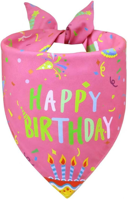 Dog Birthday Bandana Girl for Small Dogs, Reversible 2 Patterns in 1, Pink Confetti Scarf, Happy Birthday Party Outfit Puppy Gift (9-14" Neck)