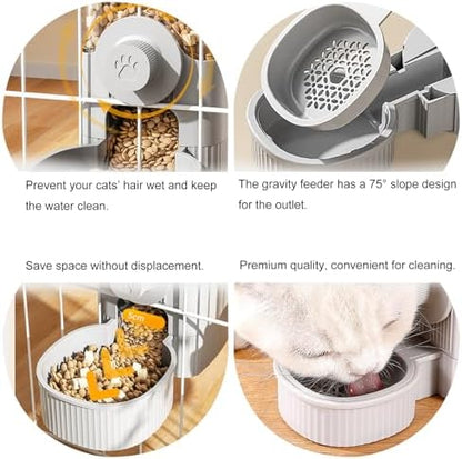 Hanging Cage Automatic Food Water Dispenser, Auto Gravity 1.2L Self-Feeding Feeder and 0.52L Waterer Set, Crate Auto Feeder Dish for Puppy Cats Ferret Bunny Guinea Pig Small Pets (Grey)