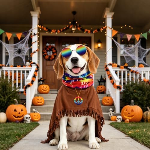 PAWCHIE Halloween Dog Hippie Costume Set 60s 70s, Pet Costume Accessories Includes Hippie Fringed Cape Scarf Glasses and Peace Necklace, Adjustable Boho Pet Outfit for Small Dogs Party Photo, Brown S - Image 2