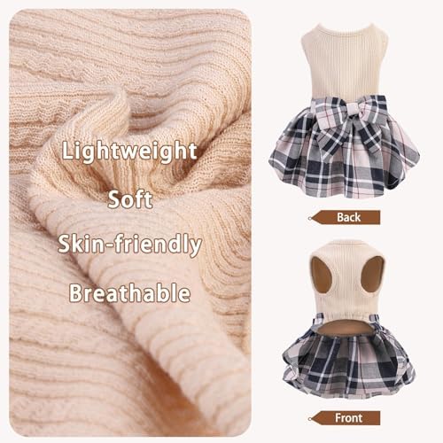 PUPTECK Cute Soft Plaid Dog Dress with Bow Puppy Skirt Clothes, Beige M - Image 3