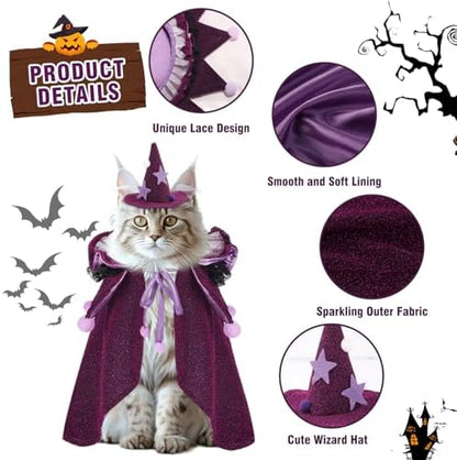 JOICEE Halloween Cat Costumes, Adjustable Small Purple Cat Wizard Cape - Image 3