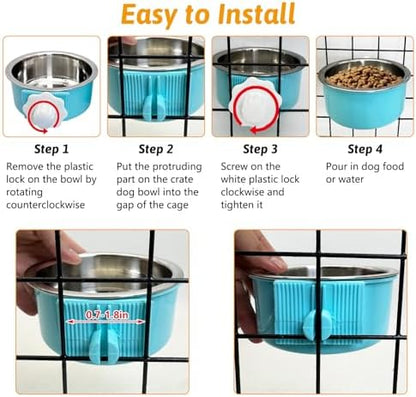 Hamiledyi Crate Dog Bowl Cat - Removable Stainless Steel Hanging No Spill Pet Bowl for Kennels Durable Detachable Design Fits Small Medium Dog Cages (2 Pcs, Blue