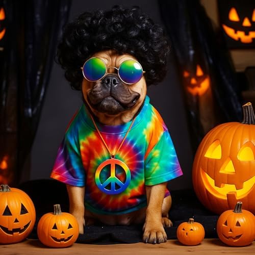 Kinlop 4 Pcs Hippie Dog Costume Halloween Pet Costume Accessories Includes 60s 70s Colorful Tie Dye T-Shirt Funky Wig Peace Sign Necklace and Sunglasses for Party Dress up (M) - Image 6