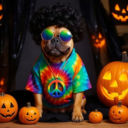 Kinlop 4 Pcs Hippie Dog Costume Halloween Pet Costume Accessories Includes 60s 70s Colorful Tie Dye T-Shirt Funky Wig Peace Sign Necklace and Sunglasses for Party Dress up (M) - Image 6