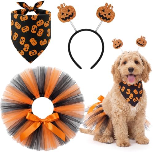 Huhumy 3 Pcs Dog Halloween Costume Set with Bandana Tutu Dress Headband by Huhumy