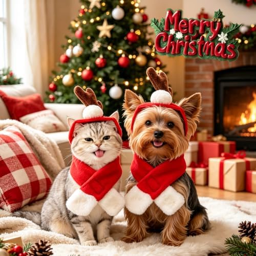 Cat Christmas Costume, Small Dogs Reindeer Antler with Red Santa Scarf, Xmas Single Reindeer Scarves Outfits for Kitten Puppy Rabbit, Adjustable Cat Elk Antler Christmas Decoration, Red - Image 2