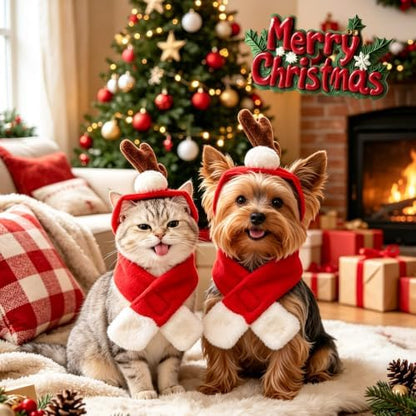 Cat Christmas Costume, Small Dogs Reindeer Antler with Red Santa Scarf, Xmas Single Reindeer Scarves Outfits for Kitten Puppy Rabbit, Adjustable Cat Elk Antler Christmas Decoration, Red - Image 2