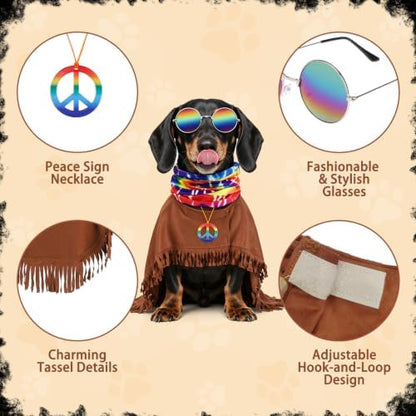 PAWCHIE Halloween Dog Hippie Costume Set 60s 70s, Pet Costume Accessories Includes Hippie Fringed Cape Scarf Glasses and Peace Necklace, Adjustable Boho Pet Outfit for Large Dogs Party Photo, Brown L - Image 3