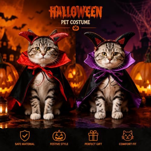 Halloween Pet Devil Costume Set for Dogs & Cats, Vampire Cape with Devil Horn Headband, Adjustable Pet Halloween Costume for Halloween Party, Photo Props (Black & Purple M) - Image 3