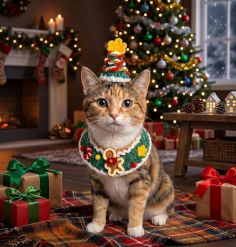 Christmas Dog Costume,Handmade Cat Holiday Outfit with Christmas Tree Hat & Gingerbread Man Scarf Set,Adjustable,Lightweight & Breathable Pet Accessories for Rabbit Xmas Party & Photos - Image 2