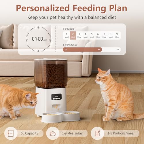 Automatic Cat Feeder, 5L Timed Cat Food Dispenser with Programmable Portion Control, Pet Feeder up to 9 Meals per Day for 2 Cats, Automatic Pet Feeder for Small Dogs Indoor(Botton)