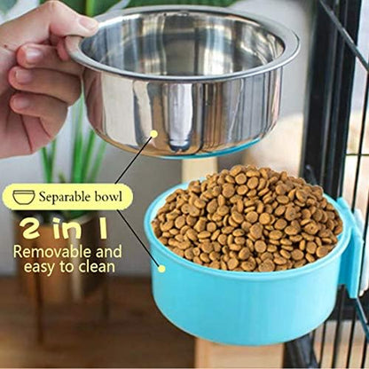 Hamiledyi 2-Pack Hanging Dog Bowls with Removable Stainless Steel Feeder - Spill-Proof Crate Bowls for Kennel/Cage, Puppy to Medium Dogs, Cats, Rabbits & Guinea Pigs (Durable Pet Food & Water Dishes)