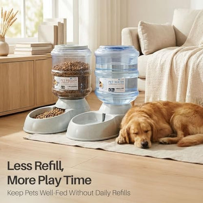 Flexzion Automatic Pet Feeder & Waterer Set of 2 Pack, Self Feeding Replenish Dog Cat Bowls, Gravity Food & Water Storage Container Fountain Jug Pet Supplies Plastic Skid Proof Rubber Feet (3 Gallon)