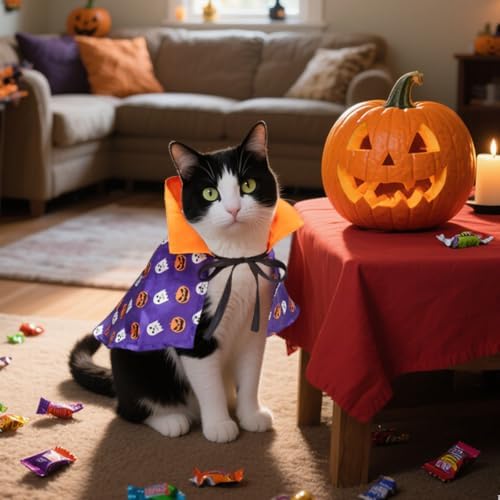 NAMSAN Pet Wizard Costume for Cats Small Dogs Rabbits, Halloween Cat Witch Cape, Stand-Up Small Dog Vampire Cloak, Halloween Pumpkin Cat Outfit for Holiday Party Cosplay Statue Decoration - Image 4