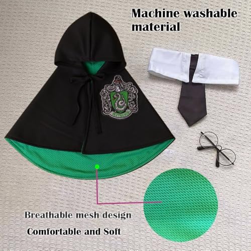 Dog Halloween Magician Costume Set, Cat Wizard Cloak with Hood, Tie & Glasses, Pet Cosplay Outfit for Halloween Party, Puppy Witch Costume for Small Dogs (Green, Small) - Image 4