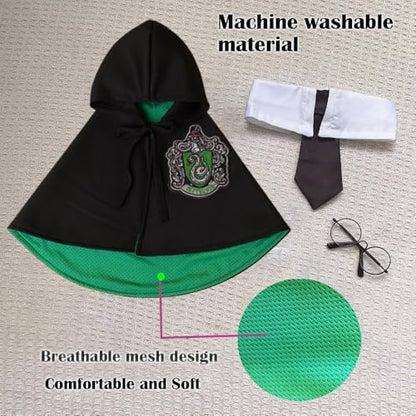 Dog Halloween Magician Costume Set, Cat Wizard Cloak with Hood, Tie & Glasses, Pet Cosplay Outfit for Halloween Party, Puppy Witch Costume for Small Dogs (Green, Large) - Image 4