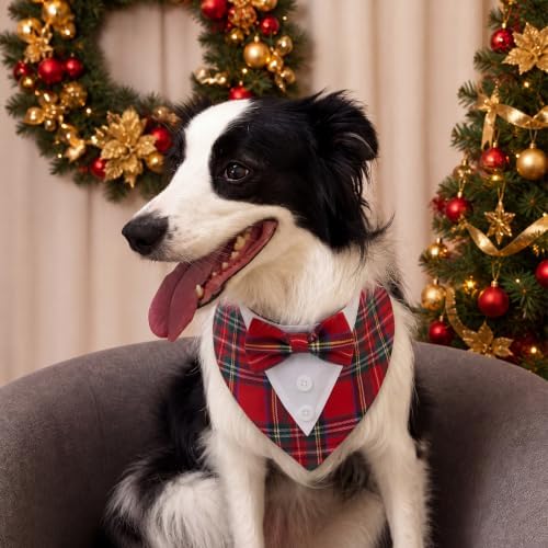FUAMEY Christmas Bandana Dog Tuxedo Suit Holiday Plaid Dog Bandanas - Image 4