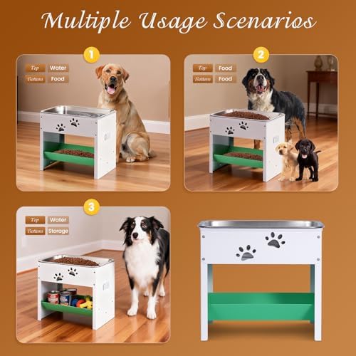 Dog Water Bowl Elevated| Adjustable Stand Pet Feeding Station with Storage