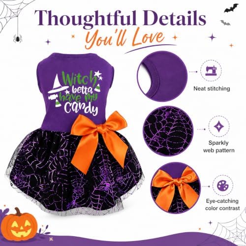 Halloween Dog Dress, Witch Candy Spider Web Tutu Skirt, Holiday Cat Costume for Small Dogs and Cats, Purple Pet Outfit for Puppies and Kittens - Image 3