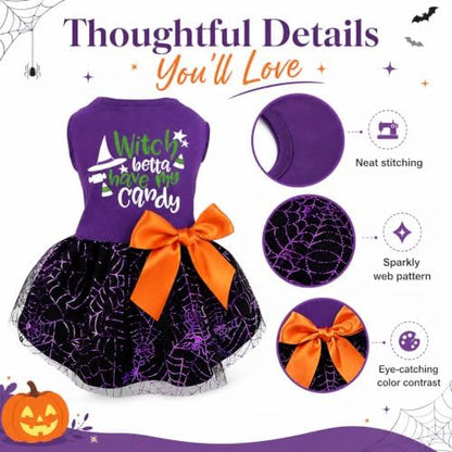 Halloween Dog Dress, Witch Candy Spider Web Tutu Skirt, Holiday Cat Costume for Small Dogs and Cats, Purple Pet Outfit for Puppies and Kittens - Image 3