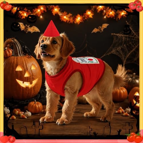 2 Pcs Halloween Dog Costume Set 4XL Tomato Ketchup Themed Pet Outfit with Matching Cone Hat Sleeveless Printed Tank Top for Medium Large Dogs Holiday Party Dress Up - Image 5