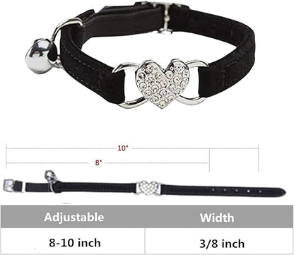 Heart Bling Cat Collar with Safety Belt and Bell Adjustable 8-10 inches for Kitten Cats (Black)