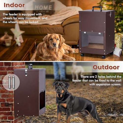 Automatic Dog Feeder Large Breed 45lb Outdoor Dog Food Dispenser for Large Dogs Self Feeding Galvanized Metal Dogs Pets Feeder Gravity Food Feed with Wheels (Brown)