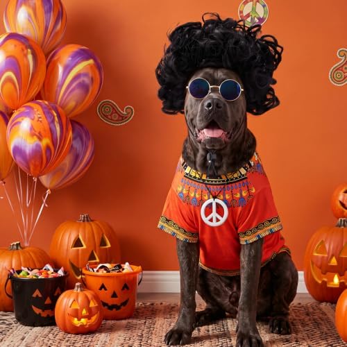 Kinlop 4 Pcs Hippie Dog Costume Halloween Pet Costume Accessories Includes 60s 70s African Dashiki T-Shirt Afro Wig Peace Sign Necklace and Sunglasses for Party Dress Up(XXL) - Image 6
