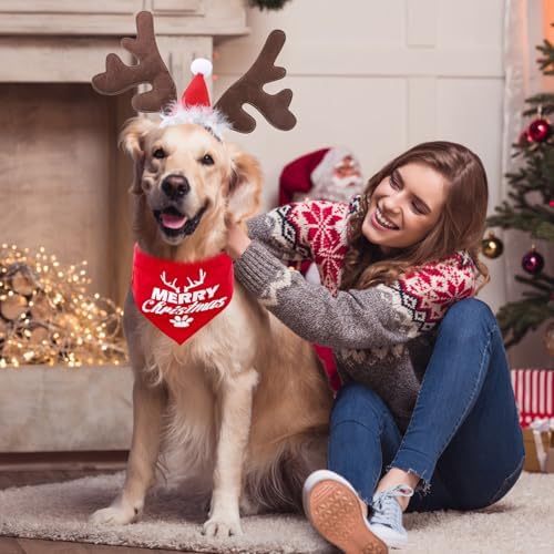 KOOLTAIL Christmas Dog Elk Reindeer Antler Headband with Santa Hat & Bandana Set, Dog Pet Christmas Costume Accessories Headwear Deer Cosplay for Small Medium Large Dogs Cats Puppy Holiday New Year - Image 6