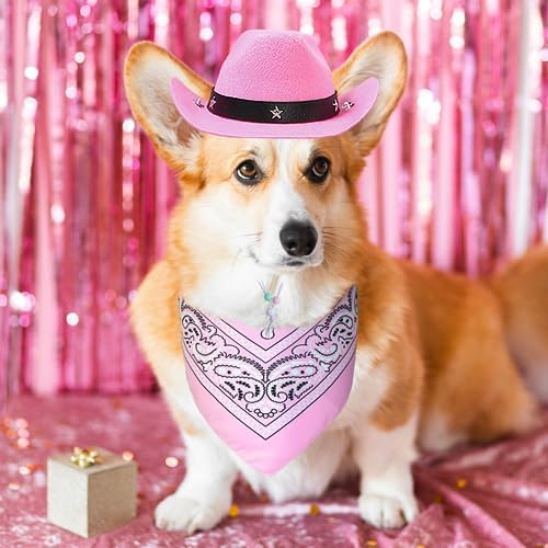 GOYOSWA Dog Halloween Costumes, Dog Cowboy Costume Halloween Pet Cowboy Hat Bandana Scarf for Small Medium Large Dogs Pets (Pink Hat & Pink Bandana, Large) - Image 7