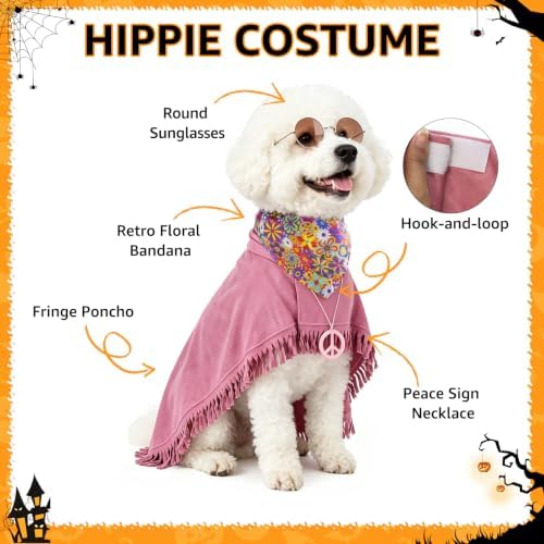SCENEREAL 4 Pcs Hippie Dog Halloween Costume, Poncho Sunglasses Bandana - Image 4
