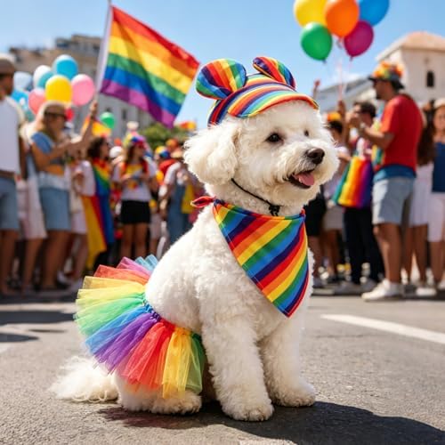 SCENEREAL Dog Pride Costume Small Medium Dogs, Rainbow Dog Bandana Hat Dress Set, 3pcs Pet Party Supplies, Cute Tutu Pride Accessories - Image 5
