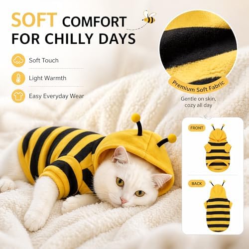Cute Cat Bee Costume - Pet Halloween Apparel Bumble Bee Cosplay Clothes Antennae, Soft Warm Fleece Hoodie for Cats, Kittens, and Small Dogs, Perfect for Festival Party and Photo Shoot S/M (Medium) - Image 5