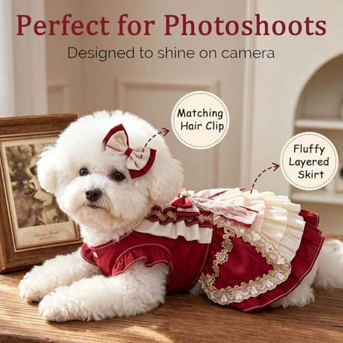 Dog Dress for Small Dogs, Vintage Dog Princess Dress with Layered Ruffle Skirt, Photo Party Outfit for Birthday, Wedding, Party, Photoshoot (XL) - Image 3