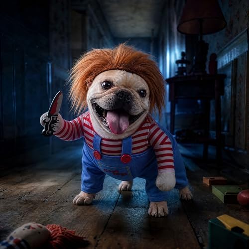 Deadly Doll Dog Costume for Small Medium Large Dogs, Funny Pets Cosplay Halloween Dog Clothes for Party, Walking Illusion Puppy Outfit with Wig and Knife - Image 5