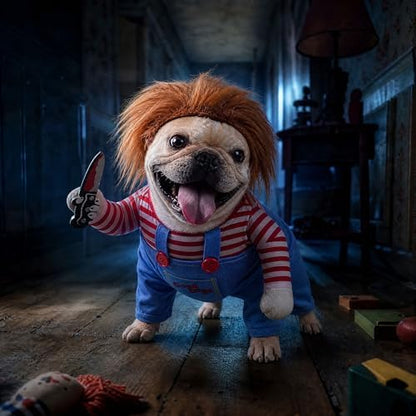 Deadly Doll Dog Costume for Small Medium Large Dogs, Funny Pets Cosplay Halloween Dog Clothes for Party, Walking Illusion Puppy Outfit with Wig and Knife - Image 5