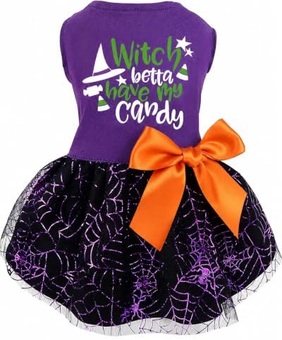Halloween Dog Dress, Witch Candy Spider Web Tutu Skirt, Holiday Cat Costume for Small Dogs and Cats, Purple Pet Outfit for Puppies and Kittens by Miiemiu
