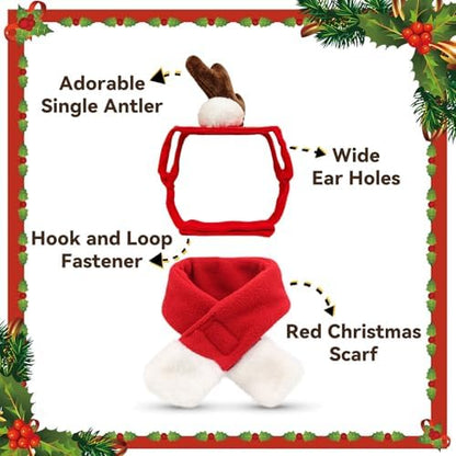 NAMSAN Pet Reindeer Costume for Cats Small Dogs Rabbits, Christmas Cat Single Antler Headband with Red Scarf, Small Dog Max Santa Antler Outfit for Christmas New Year Party Cosplay Statue Decoration - Image 4